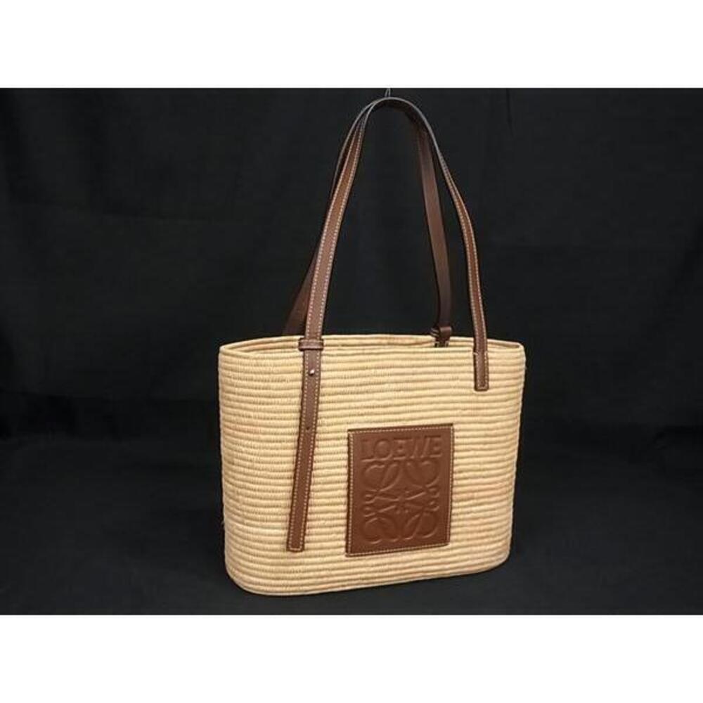 LOEWE Square Basket Anagram Raffia Leather Handbag Bag Beige